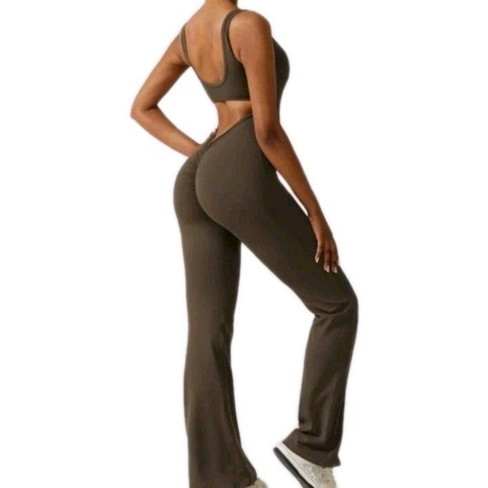 Evellyhootd Ariana One Piece Scrunch Butt Jumpsuit Medium Mocha Brown Flare Leg - Picture 8 of 9